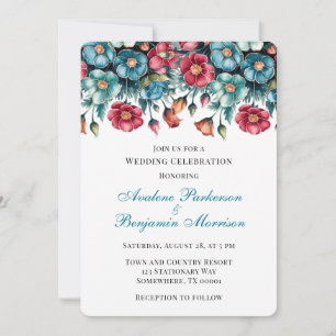 Invitación Celebración verde azulada del Naranja Rojo Bouquet