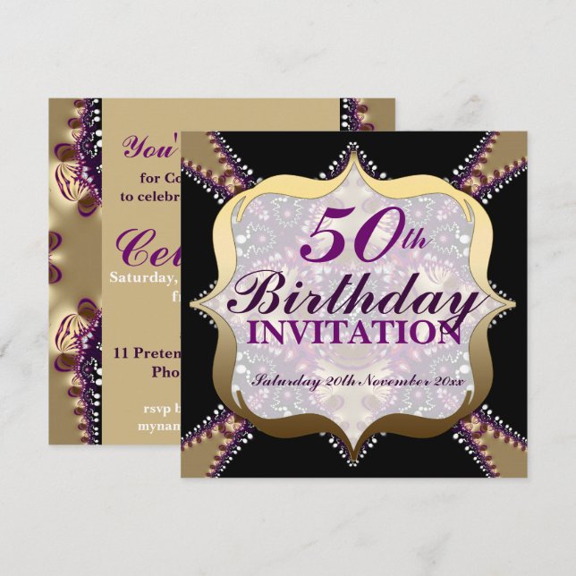 Invitación Celebraciones de cumpleaños 50 del Purple+Gold (Anverso / Reverso)