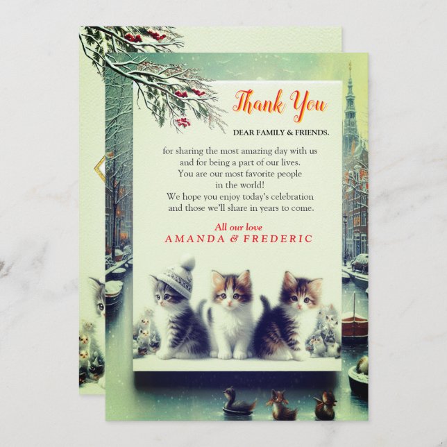 Invitación Celebraciones de invierno en la nieve, con gatitos (Anverso / Reverso)