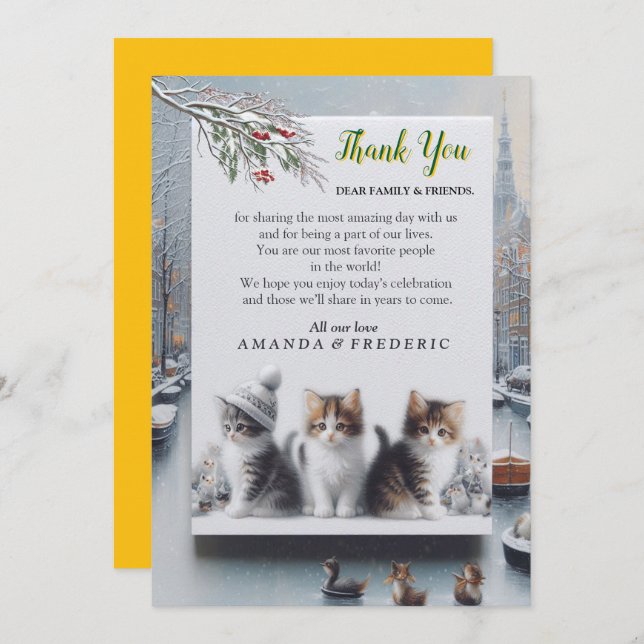 Invitación Celebraciones de invierno en la nieve, con gatitos (Anverso / Reverso)