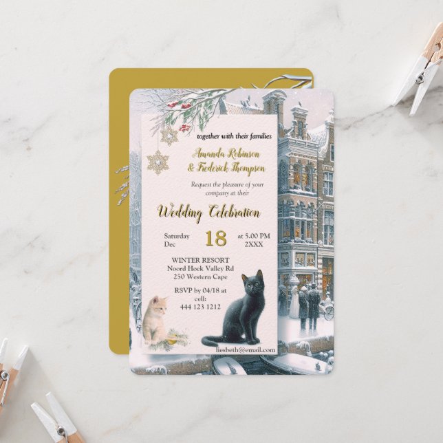 Invitación Celebraciones de invierno en la nieve, con gatitos (Anverso/Reverso In Situ)