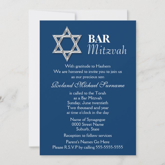 Invitación Celebraciones de mitzvah en el bar de la plata azu (Anverso)