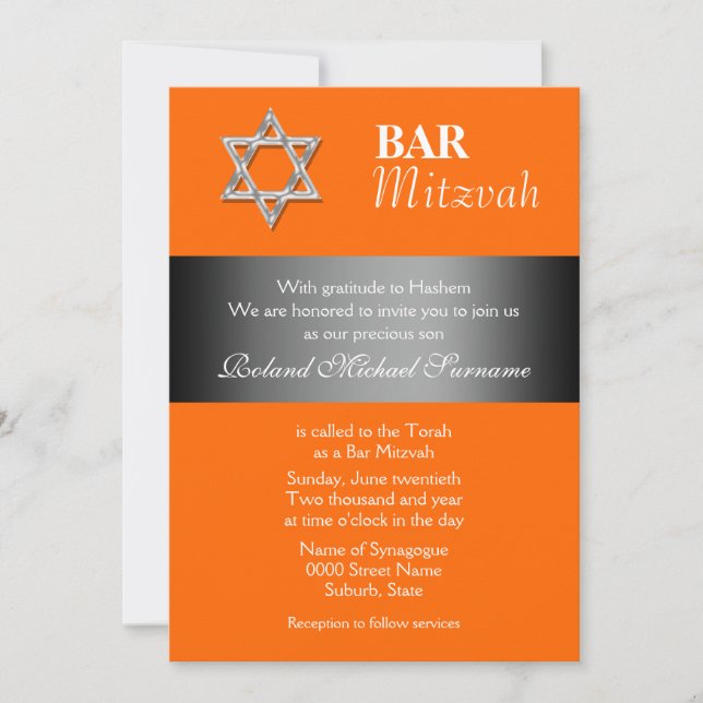 Invitación celebraciones del bar gris Naranja mitzvah (Anverso)