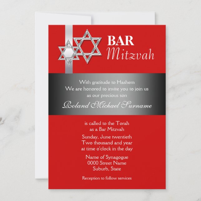 Invitación Celebraciones del bar gris rojo mitzvah (Anverso)