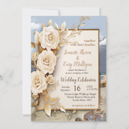 Invitación Celebraciones en la playa con flores blancas y per