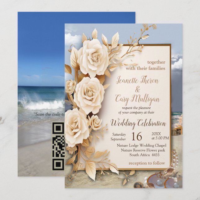 Invitación Celebraciones en la playa con flores blancas y per (Anverso / Reverso)