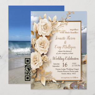 Invitación Celebraciones en la playa con flores blancas y per