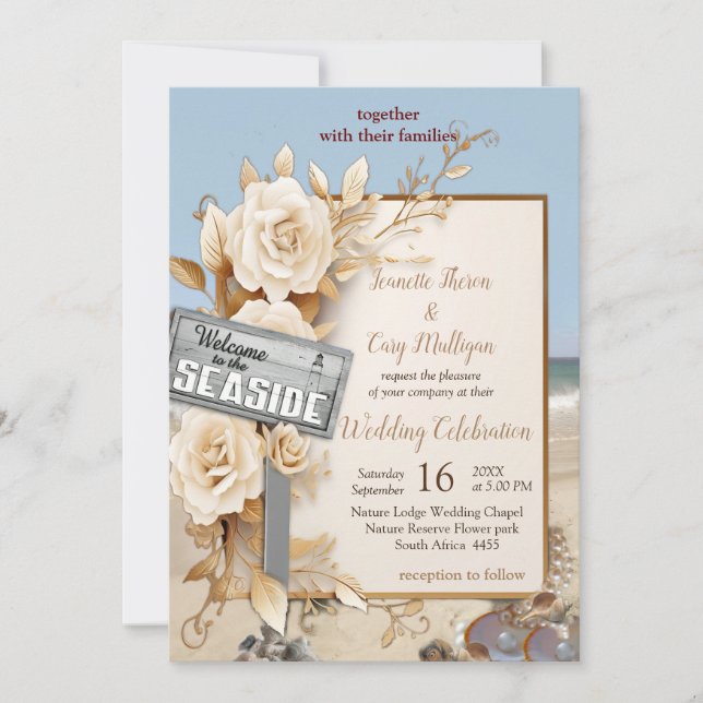 Invitación Celebraciones en la playa con flores blancas y per (Anverso)