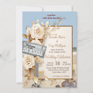 Invitación Celebraciones en la playa con flores blancas y per