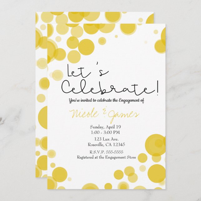 Invitación Celebran Burbujas de lunares blancos amarillos mod (Anverso / Reverso)
