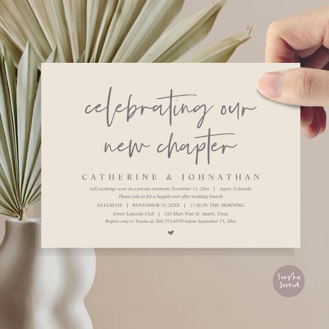 Invitación Celebrando Nuestro Nuevo Capítulo, Elopement Brunc (Celebrating Our New Chapter, Wedding Elopement Brunch Invitation Card, PDF, in Dark Grey Cream)