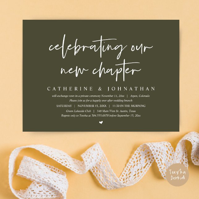 Invitación Celebrando Nuestro Nuevo Capítulo, Elopement Brunc (Celebrating Our New Chapter, Wedding Elopement Brunch Invitation Card, PDF, in Olive Green)