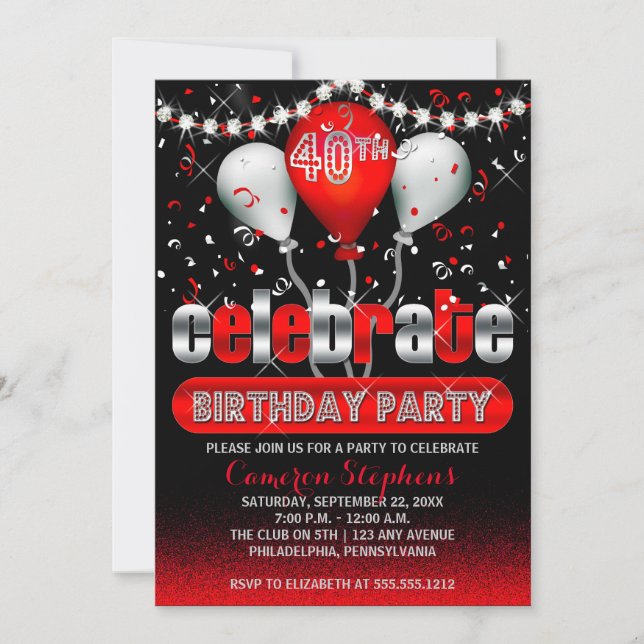 Invitación Celebrar a los globos Confetti 40.º Fiesta de cump (Anverso)