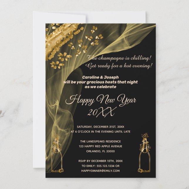 Invitación Celebrar Año Nuevo Champán negro y dorado (Anverso)