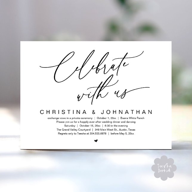 Invitación Celebrar Con El Fiesta De La Cena De Bodas De Eeuu (Celebrate With Us Romantic Wedding Elopement Dinner Brunch Lunch Party Invites Card PDF White Black)