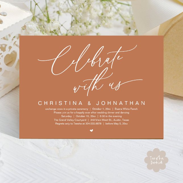 Invitación Celebrar Con El Fiesta De La Cena De Bodas De Eeuu (Celebrate With Us Romantic Wedding Elopement Dinner Brunch Lunch Party Invites Card PDF Copper Brown)