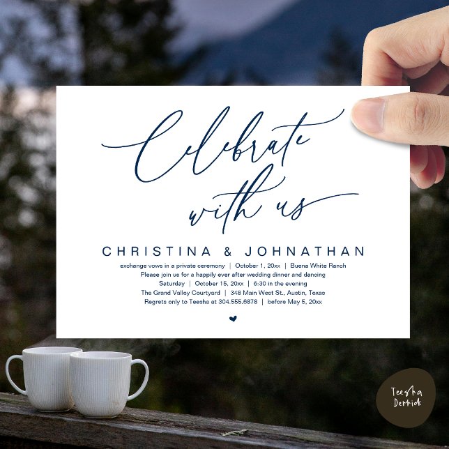 Invitación Celebrar Con El Fiesta De La Cena De Bodas De Eeuu (Celebrate With Us Romantic Wedding Elopement Dinner Brunch Lunch Party Invites Card PDF Navy Blue)