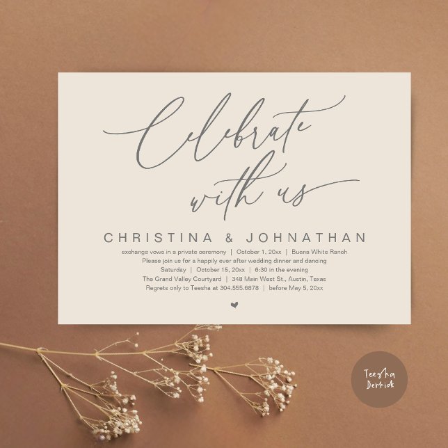 Invitación Celebrar Con El Fiesta De La Cena De Bodas De Eeuu (Celebrate With Us Romantic Wedding Elopement Dinner Brunch Lunch Party Invites Card PDF Cream Grey)