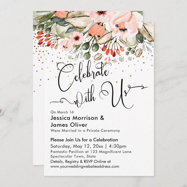 Invitación Celebrar con el Rubor Floral Faux Gold Confetti (Anverso / Reverso)