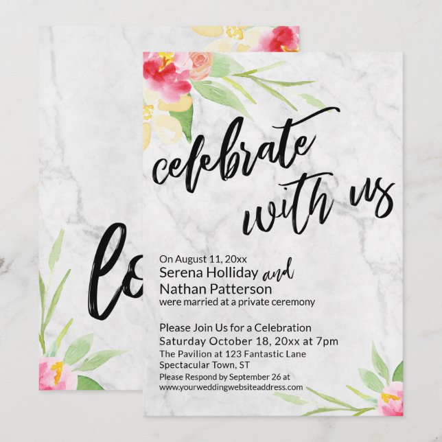 Invitación Celebrar con flores de mármol suave y acuarela de  (Anverso / Reverso)