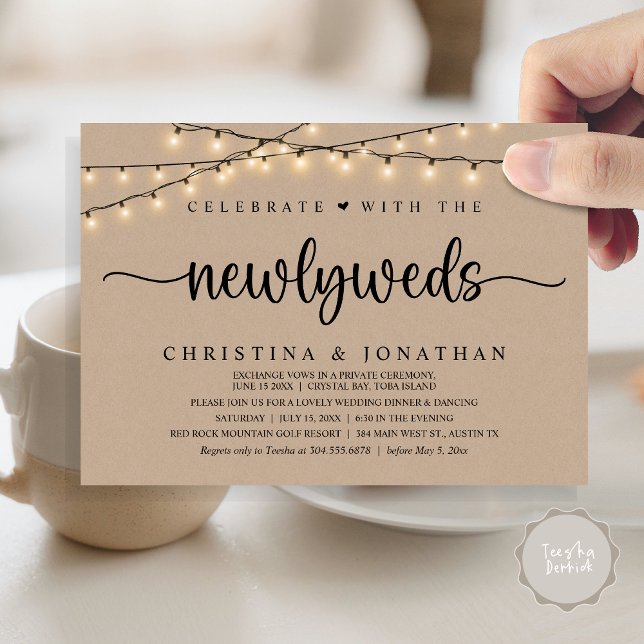 Invitación Celebrar Con La Boda Rústica De Los Recién Matados (Celebrate With The Newlyweds Rustic Wedding Dinner Invitation Card, PDF, String Lights Brown Kraft)