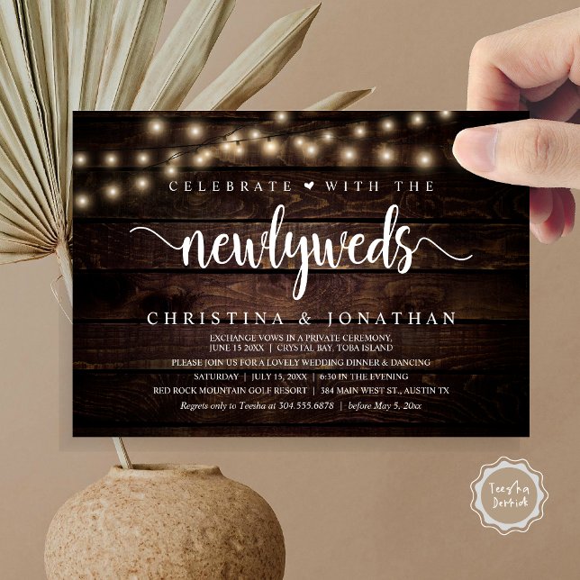 Invitación Celebrar Con La Boda Rústica De Los Recién Matados (Celebrate With The Newlyweds Rustic Wedding Dinner Invitation card, pdf, in cottage dark wood)