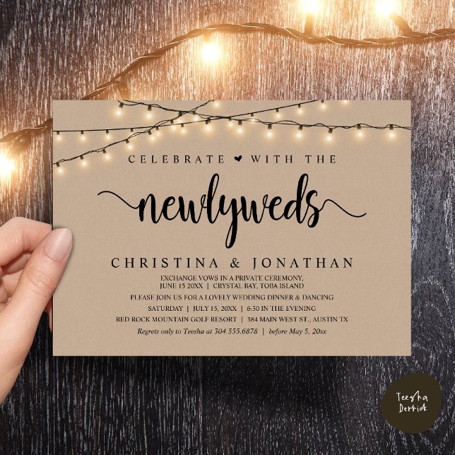 Invitación Celebrar Con La Boda Rústica De Los Recién Matados (Celebrate With The Newlyweds Rustic Wedding Dinner Invitation Card, PDF, String Lights Brown Kraft)