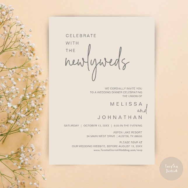 Invitación Celebrar Con La Cena Boda De Los Recién Matados (Celebrate With The Newlyweds, Wedding Dinner Dancing Invitation Card, PDF, in Cream and Dark Grey)