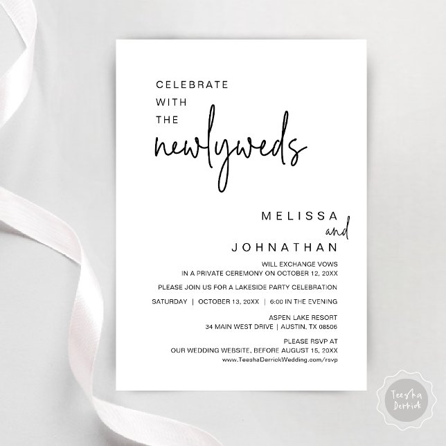 Invitación Celebrar Con La Cena Boda De Los Recién Matados (Celebrate With The Newlyweds, Wedding Dinner Party Invitation Cards, Modern Minimalist, Black)