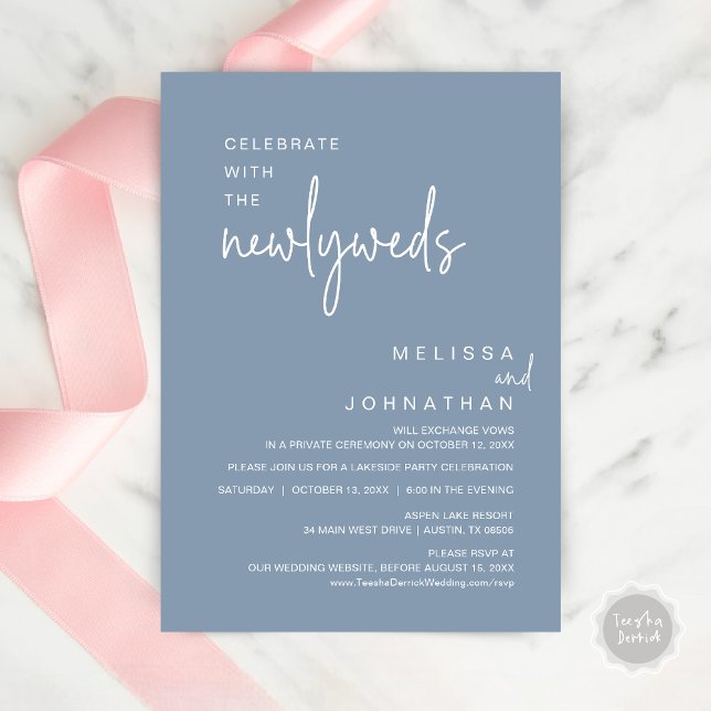 Invitación Celebrar Con La Cena Boda De Los Recién Matados (Celebrate with the newlyweds, Modern wedding elopement dinner invitation card, PDF, in dusty blue)