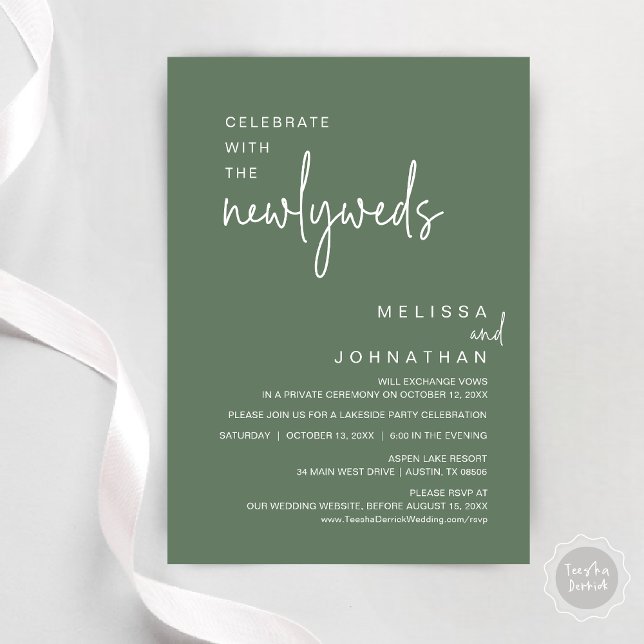 Invitación Celebrar Con La Cena Boda De Los Recién Matados (Celebrate with the newlyweds, Modern wedding elopement dinner invitation card, PDF, in sage green)