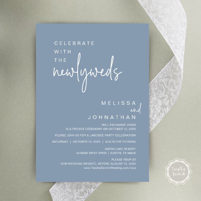 Invitación Celebrar Con La Fiesta De Bodas Y Novedades (Celebrate With The Newlyweds, Modern Wedding Party Invitation Card, PDF, in Dusty Blue)