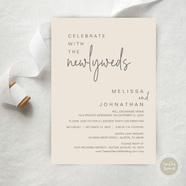 Invitación Celebrar Con La Fiesta De Bodas Y Novedades (Celebrate With The Newlyweds, Modern Wedding Party Invitation Card, PDF, in Dark Grey and Cream)
