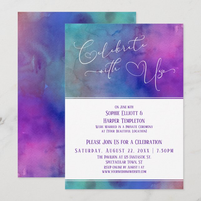 Invitación Celebrar con la recepción de Corazones acuarelas d (Anverso / Reverso)