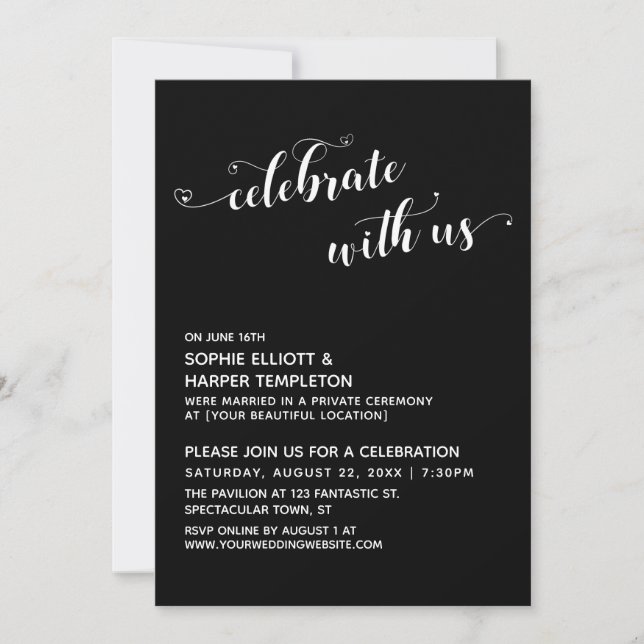 Invitación Celebrar con la recepción negra con el guión de lo (Anverso)