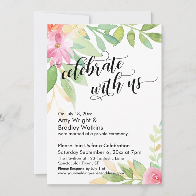 Invitación Celebrar con las flores de acuarela de caligrafía  (Anverso)