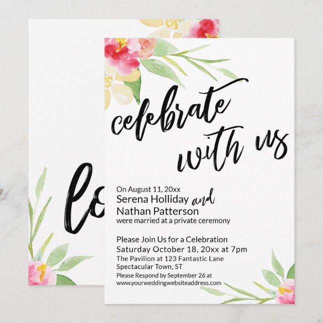 Invitación Celebrar con las flores de acuarela y escritura a  (Anverso / Reverso)