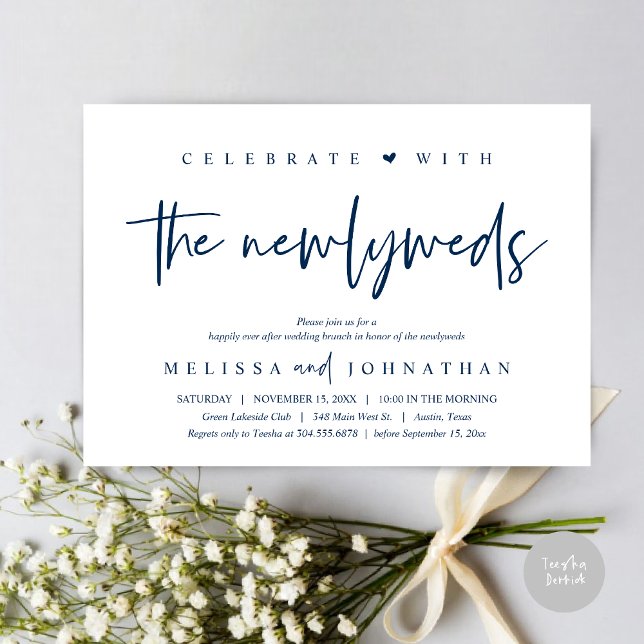 Invitación Celebrar con los recién casados, Boda Brunch (Celebrate with the Newlyweds, Wedding Brunch Invitation Card, PDF, in modern Navy Blue)