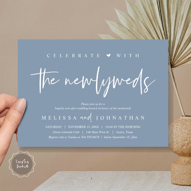 Invitación Celebrar con los recién casados, Boda Brunch (Celebrate with the Newlyweds, Wedding Brunch Invitation Card, PDF, in modern dusty blue)