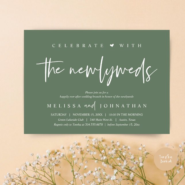 Invitación Celebrar con los recién casados, Boda Brunch (Celebrate with the Newlyweds, Wedding Brunch Invitation Card, PDF, in modern forest sage green)