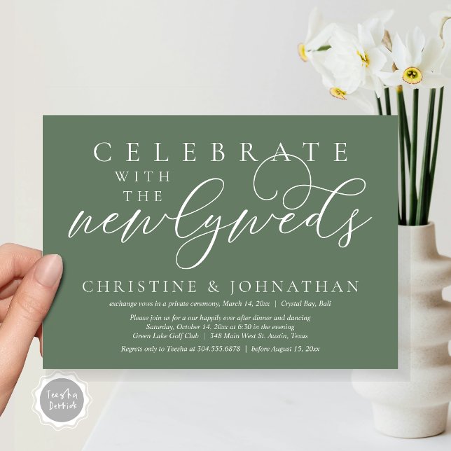 Invitación Celebrar con los recién casados, Boda Cena (Celebrate with the newlyweds, Wedding Dinner Invitation Card, PDF, Modern Romantic in Forest Sage )