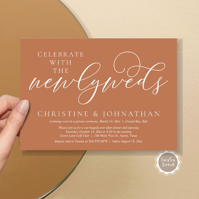 Invitación Celebrar con los recién casados, Boda Cena (Celebrate with the newlyweds, Wedding Dinner Invitation Card, PDF, Modern Romantic in Copper Brown)