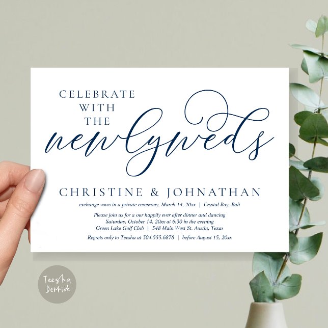 Invitación Celebrar con los recién casados, Boda Cena (Celebrate with the newlyweds, Wedding Dinner Invitation Card, PDF, Modern Romantic in Navy Blue)