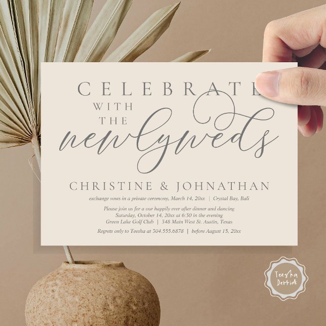 Invitación Celebrar con los recién casados, Boda Cena (Celebrate with the newlyweds, Wedding Dinner Invitation Card, PDF, Modern Romantic in Cream Grey)