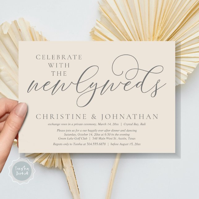 Invitación Celebrar con los recién casados, Boda Cena (Celebrate with the newlyweds, Wedding Dinner Invitation Card, PDF, Modern Romantic in Cream Grey)