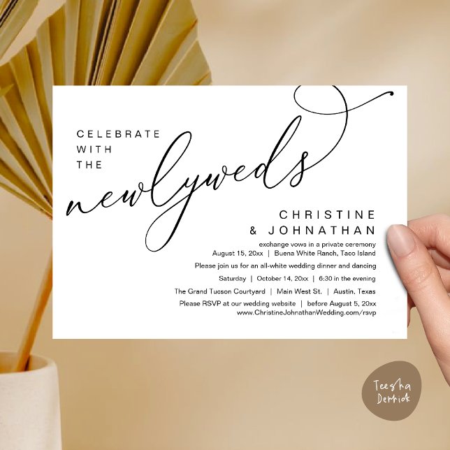 Invitación Celebrar con los recién casados, Boda romántico (Celebrate with the Newlyweds, Modern Romantic Wedding Dinner Party Invitation Card PDF White Black)