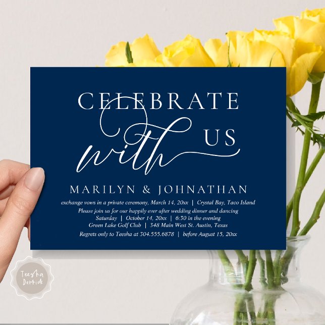 Invitación Celebrar con nosotros Boda Elopement Dinner Dancin (Celebrate with us Wedding Elopement Dinner Dancing Invitation Card, PDF, Navy Blue)