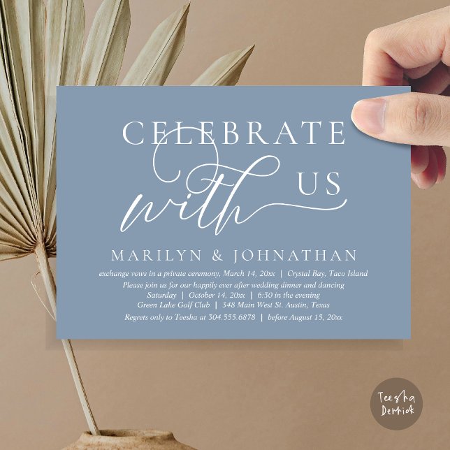 Invitación Celebrar con nosotros Boda Elopement Dinner Dancin (Celebrate with us Wedding Elopement Dinner Dancing Invitation Card, PDF, Dusty Blue)