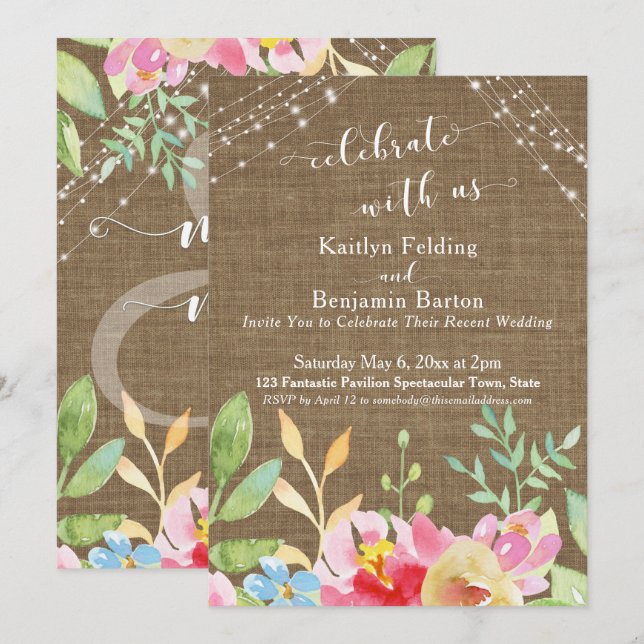 Invitación Celebrar con nosotros, Burlap, Flores y Luces (Anverso / Reverso)