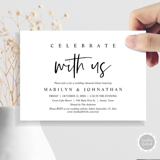 Invitación Celebrar Con Nosotros, Fiesta De Ensayos Bodas (Celebrate With Us, Wedding Rehearsal Dinner, Lunch Party Invitation Card, PDF, Black and White)